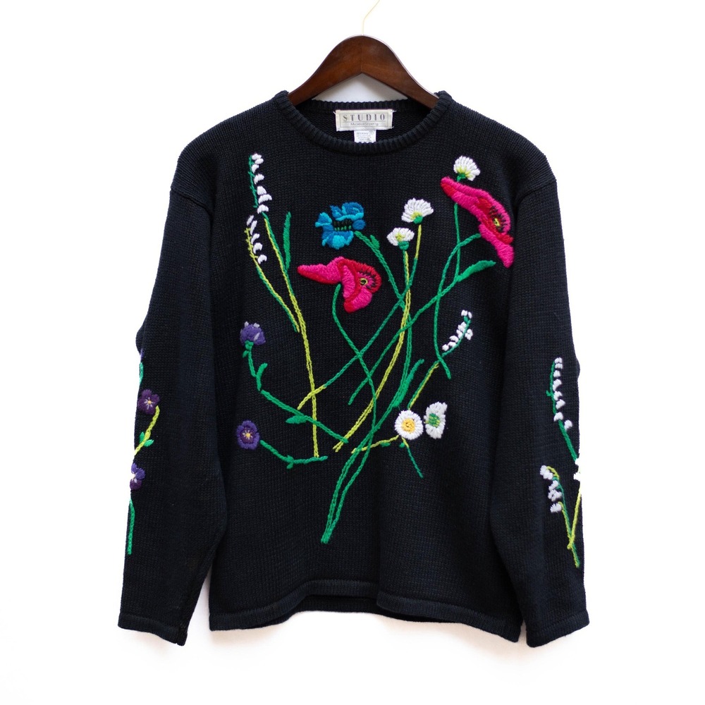 VTG Floral Embroidered Sweater Cottagecore Black Knit Michelle Stuart S Fits M